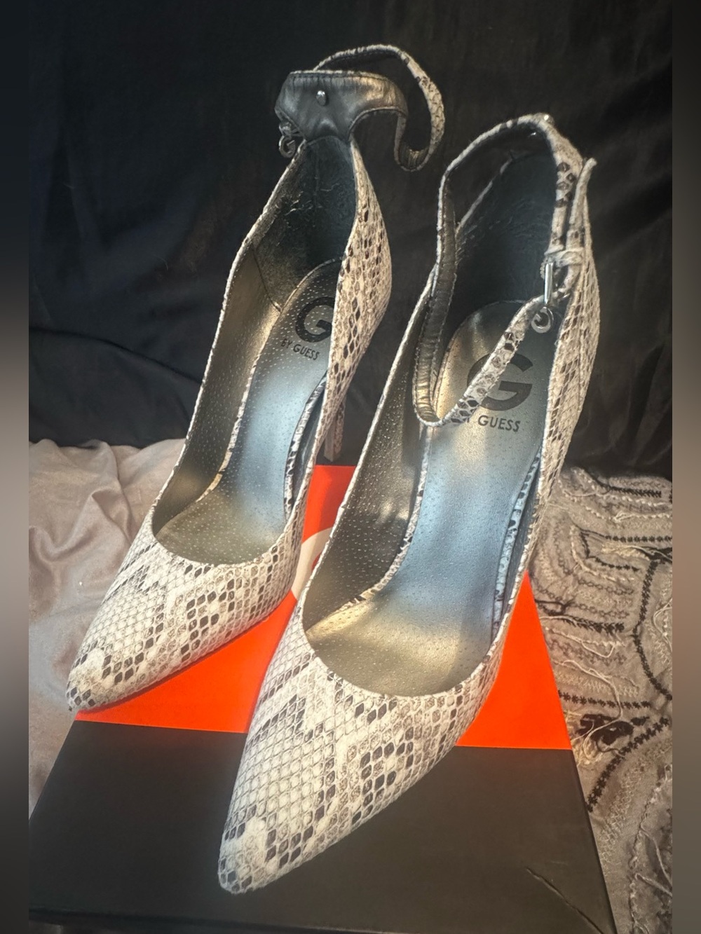 GUESS Snake-Print Pointed Slingback Heels in Gray and Black
